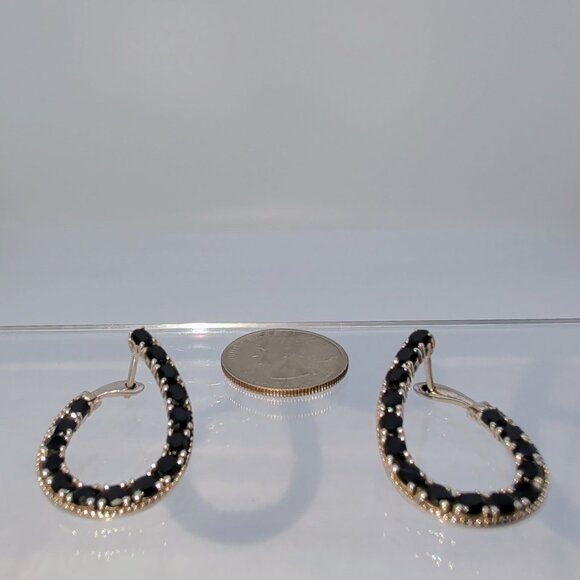 Black Spinel Hoop Earrings 925 Sterling Silver - Picture 4 of 8